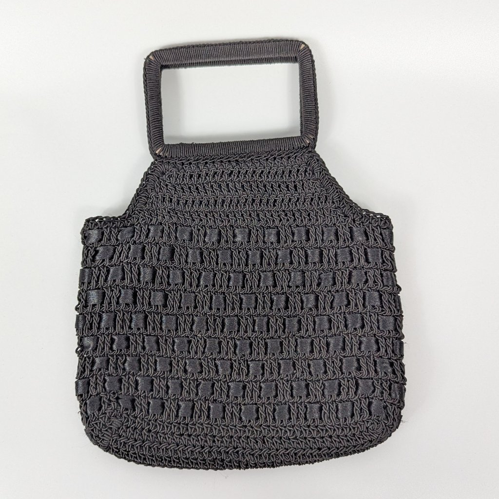 Vintage Black Macrame Crochet Handbag With Woven Satin Ribbon